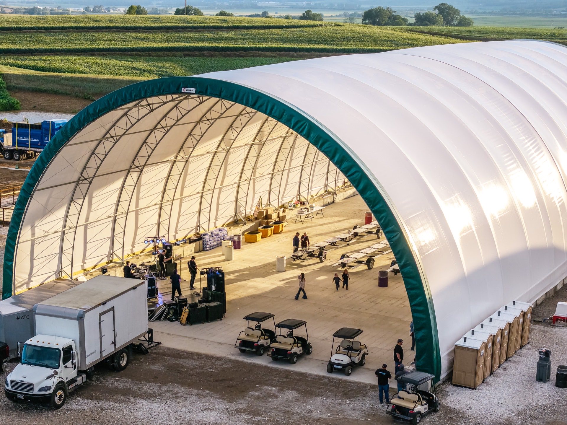 Aerial view into an open WINR Center building during the grand opening